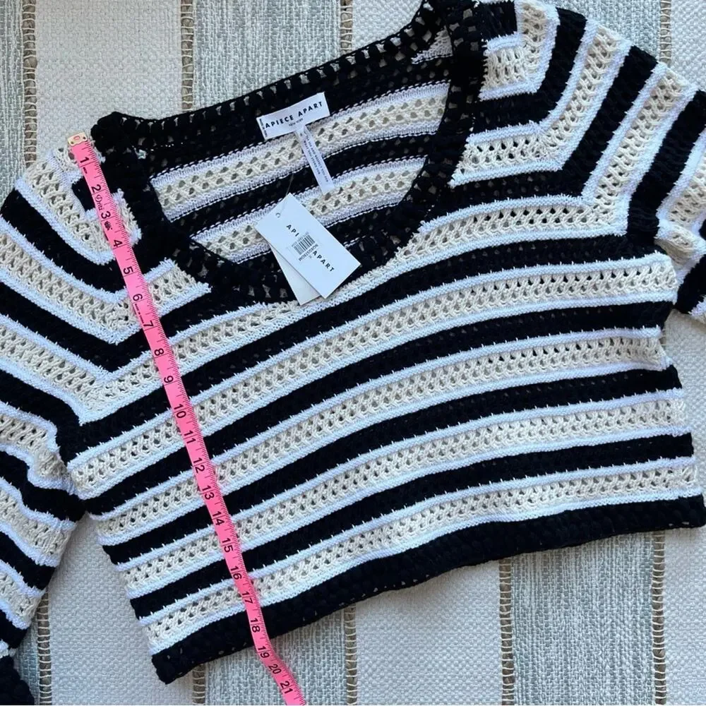 Apiece Apart Black White Striped Open Crochet Knit Slouchy Pullover Sweater XL - Picture 5 of 9